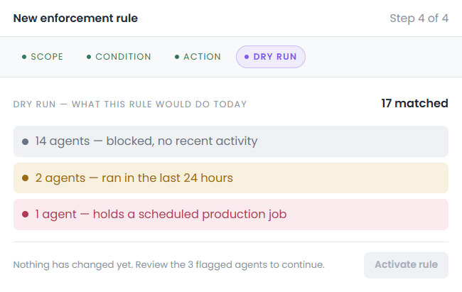 Agent access enforcement rule builder — dry run step